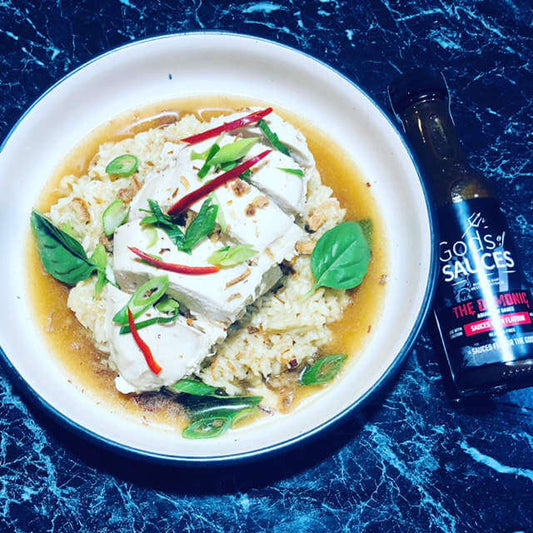 Chinese Ginger Basil Chicken with The Demonic Hot Sauce and Garlic Rice