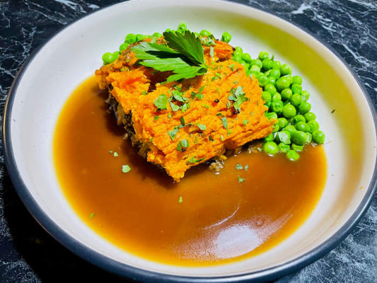 Smokey Cottage Pie with Parsley Garlic Sweet Potato topping