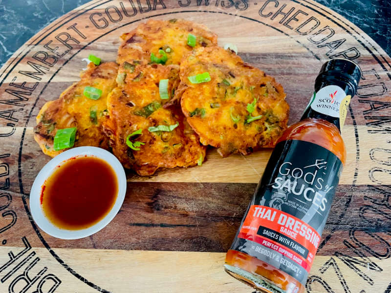 kimchi pancakes with korean hot sauce